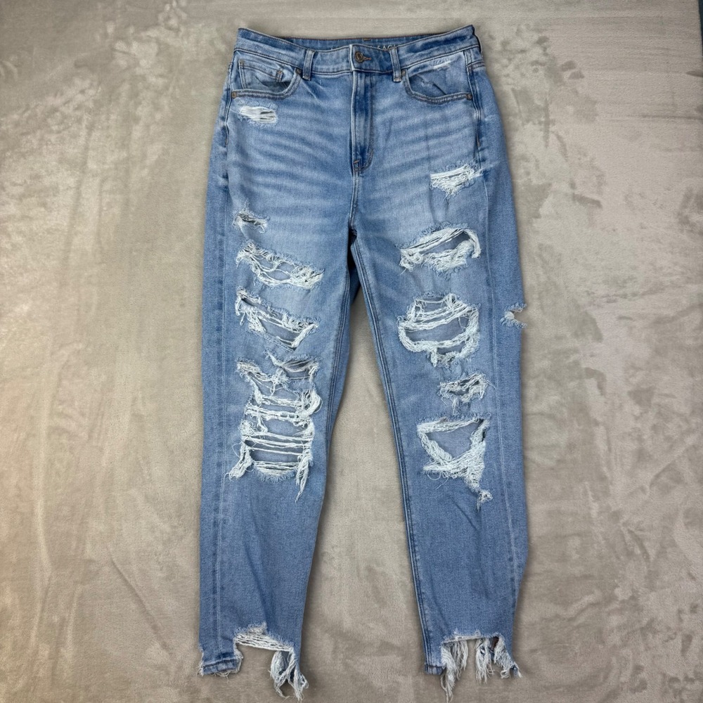 American Eagle Mom Jean Women 10 Blue Relaxed Distressed Y2K High Rise Stretch